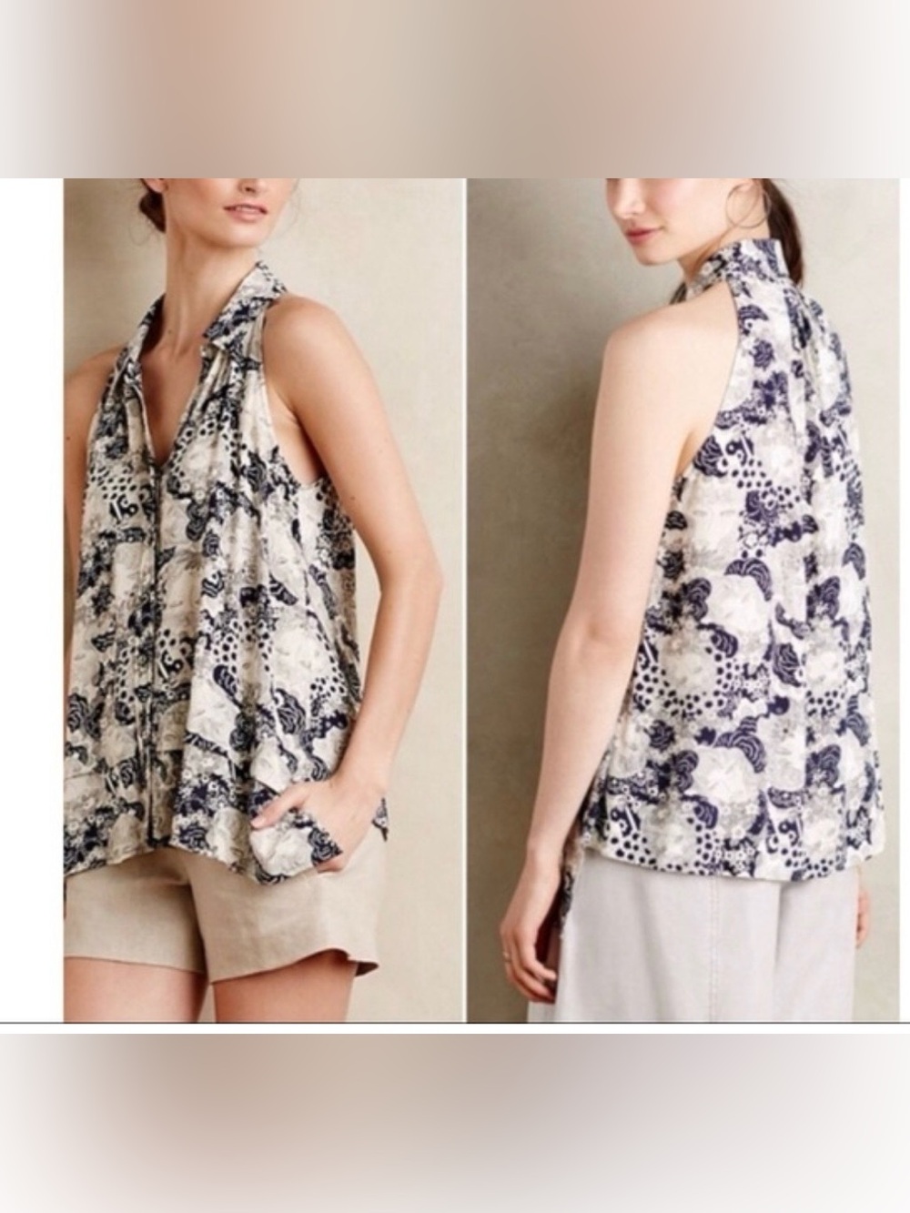 MAEVE Coquette Artsy Tensi Swing Face Print Navy/White Halter Neck Blouse SZ 4